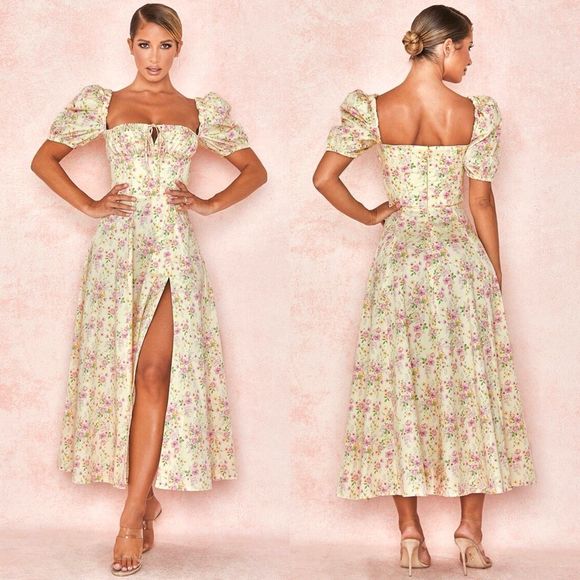 House of CB Dresses & Skirts - NEW House Of CB Tallulah Lemon Floral Puff Sleeve Midi Sundress  Size Medium.
